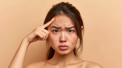 Fototapeta premium Problem skin concept. Upset asian girl with nude shoulders, with problem skin, pointing finger at pimple on forehead while standing over isolated beige background,