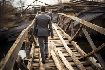 A business visionary in a sharp suit, navigating across an old wooden bridge, embodying the spirit of entrepreneurial resilience