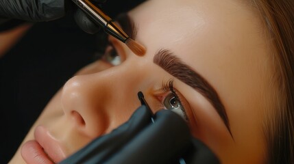 The make-up artist does Long-lasting styling of the eyebrows of the eyebrows and will color the eyebrows. Eyebrow lamination. Professional make-up and face care.