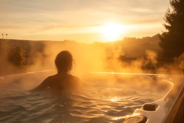 Rolgordijnen woman in a hot tub with steaming water during a serene sunrise © altitudevisual