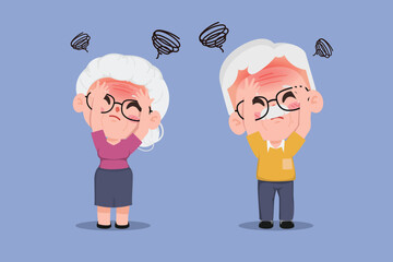 elderly woman and elderly man headache symptom. Cartoon chibi cute character people vector.