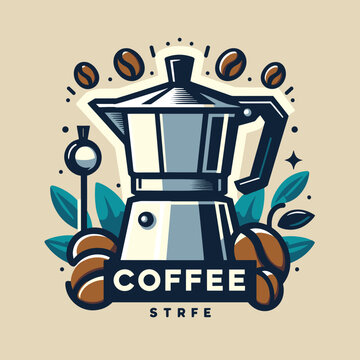  a logo for a coffee shop. It has a drawing of a stovetop espresso maker 