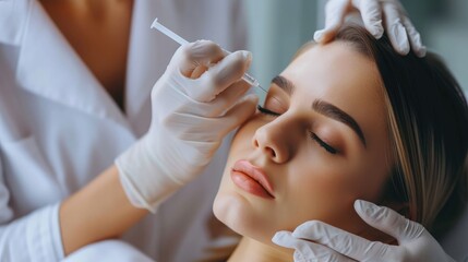 Obraz na płótnie Canvas Young woman receiving an injection of anti-aging botox filler to the forehead from a cosmetologist in a beauty salon. Facial treatment injection