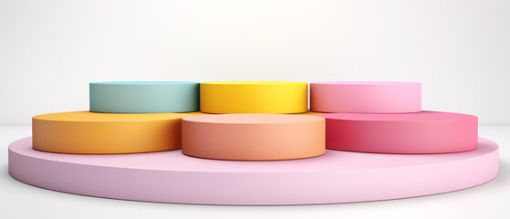 A colorful pastel round podium designed for multiple product displays on a white background, offering a clean and visually appealing presentation space for various items.