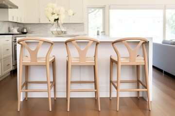 three varnished oak counter chairs in a neutral-toned kitchen