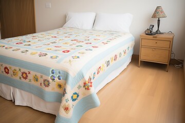 a bedspread with embroidery on a single bed - obrazy, fototapety, plakaty