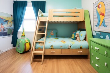a green duvet cover on a twin over full bunk bed