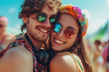 Young and beautiful couple, having a great time at the music festival together. 