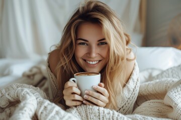 Young Caucasian smiling woman enjoying in dalgona coffee in bed. 