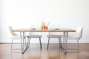 minimalist dining table with metal industrial-styled chairs