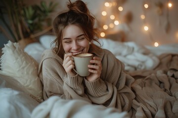 Young Caucasian smiling woman enjoying in dalgona coffee in bed. 