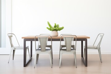 minimalist dining table with metal industrial-styled chairs