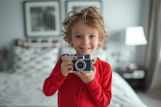 Young cheerful boy in red pyjamas is posing with retro photo camera in the bedroom