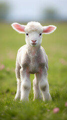 Naklejka na ściany i meble Innocent Delight: A Juvenile Ewe Lamb Grazing in Vibrant Green Pastures