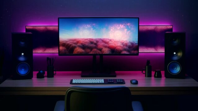 Desk setup with neon ambience