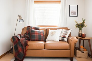 leather loveseat with plaid throw blanket and neutral tone pillows