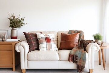 leather loveseat with plaid throw blanket and neutral tone pillows