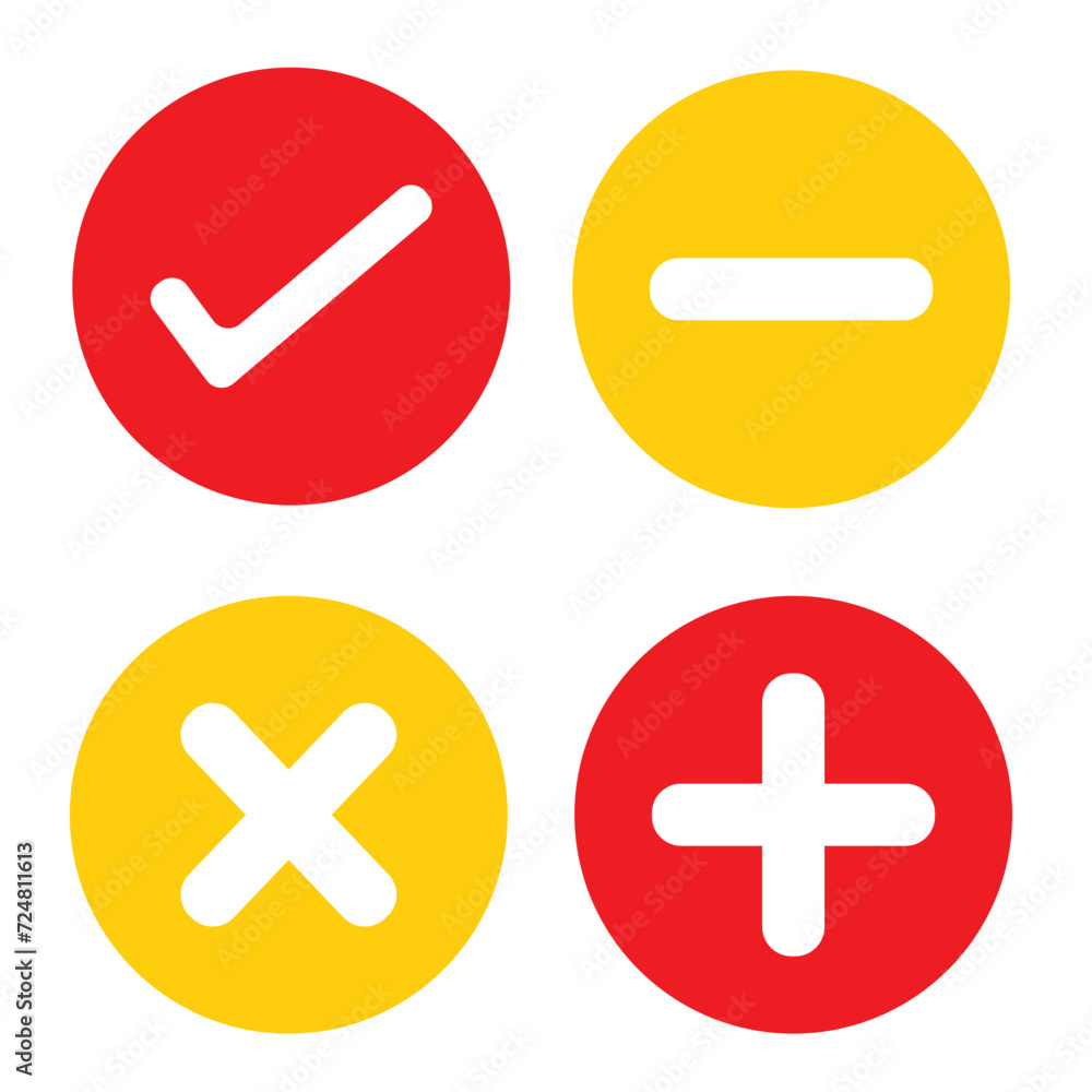 Poster set of flat round check mark, x mark, plus sign and minus sign icons, buttons isolated on a white ba
