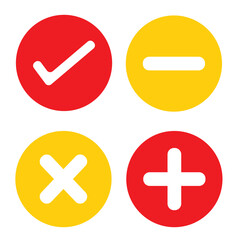 Obraz premium Set of flat round check mark, X mark, plus sign and minus sign icons, buttons isolated on a white background. EPS10 vector file