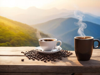 Take a hot cup of coffee There is some smoke and coffee beans lying next to it on the old wooden floor. Sun rising mountain view background
