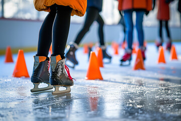 Beginners learn basic ice skating moves in a class - guided by a supportive instructor - focusing on skill development in a fun and encouraging learning environment. - obrazy, fototapety, plakaty