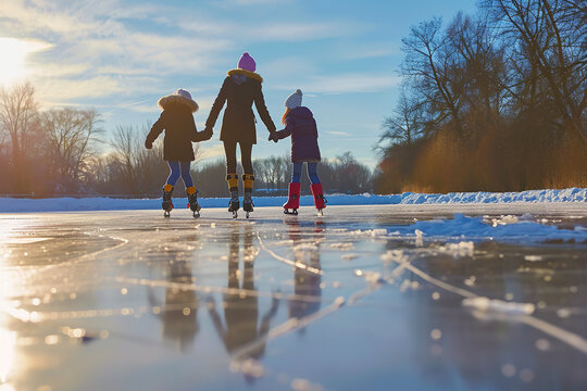 A family enjoying a day of ice skating on a frozen pond - with children learning to skate - embodying joyful winter fun in a picturesque outdoor setting.