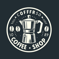  a logo for a coffee shop. It has a drawing of a stovetop espresso maker 