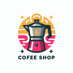  a logo for a coffee shop. It has a drawing of a stovetop espresso maker 