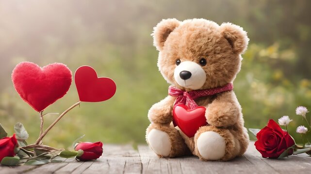 image of a soft toy bear holding a heart in his hands next to which there are roses for Valentine's Day