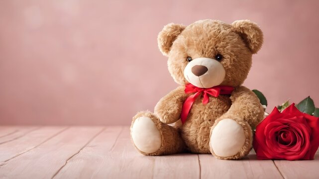 image of a soft teddy bear next to which there are roses for Valentine's Day