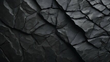 Volumetric rock texture with cracks. Black stone background with copy space for design. 