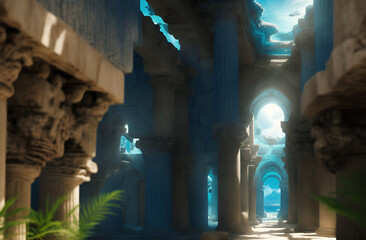 Construction with columns of lost Atlantida world. Lost ancient civilization. Ai generated - obrazy, fototapety, plakaty