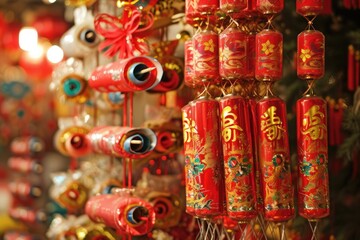 Fototapeta na wymiar Chinese firecrackers for sale in a shop. Chinese New Year decorations and symbols.