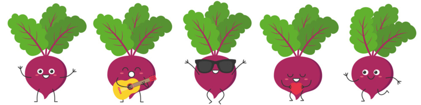Set beet character cartoon cute emotions joy happiness smiling face jumping running loves sings vegetables beautiful vector illustration.
