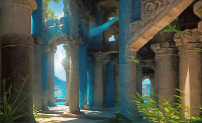 Construction with columns of lost Atlantida world. Lost ancient civilization. Ai generated - obrazy, fototapety, plakaty