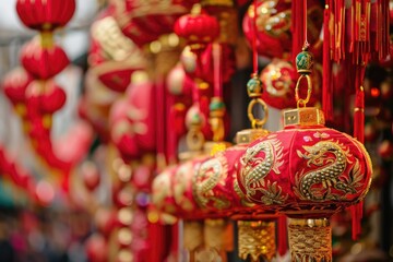 Red lantern carved with a golden dragon. Chinese Lantern Festival. Chinese New Year.