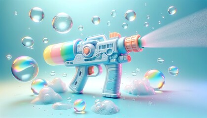 Bright pastel colored water guns surrounded by soap bubbles. Provide a cool and fun atmosphere on Songkran Day