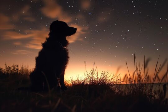 Under the starry sky, a lone dog rests in the dewy grass of the field, its silhouette blending into the darkening night as the sun sets