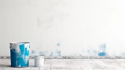 Deurstickers white wall painted with paint, paint bucket  © Mariya Surmacheva