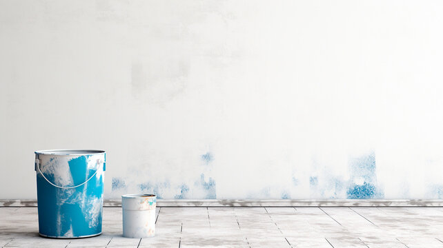 white wall painted with paint, paint bucket	