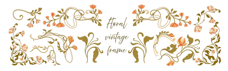 Art Nouveau floral frames, corners, and borders. Vector.