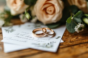 Amidst a stunning table arrangement of delicate garden roses, lies a white envelope adorned with a pair of gold rings, symbolizing eternal love and the beauty of nature