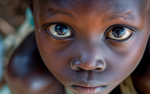 An hungry, poor African child looking at the camera, framed from above