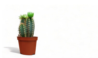 Small indoor cactus plant in a pot isolated on a white background front view. Natural nice green cactus flower with sharp white spines.