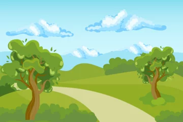 Gardinen Spring landscape, country road and trees in fields and meadows on the background of the sky, clouds and sun. Illustration, background, vector © Tatiana