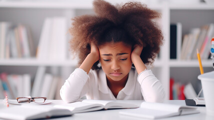 The girl is tired of studying. Overwork. It is difficult for a child to study at school. Problems with learning. Demotivation.	 - obrazy, fototapety, plakaty