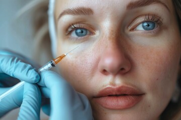A woman's face is transformed through a close-up portrait as she receives a botox injection, enhancing her skin, eyelashes, eyebrows, cheeks, lips, and forehead, all while maintaining a captivating g