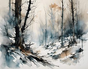 watercolor painting of woodland trees on snow covered ground in winter