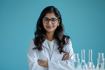 female indian scientist smiling - obrazy, fototapety, plakaty