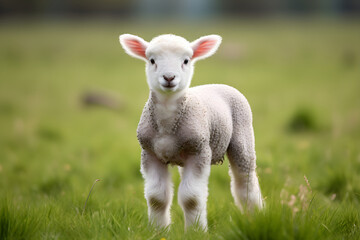 Naklejka na ściany i meble Innocent Delight: A Juvenile Ewe Lamb Grazing in Vibrant Green Pastures